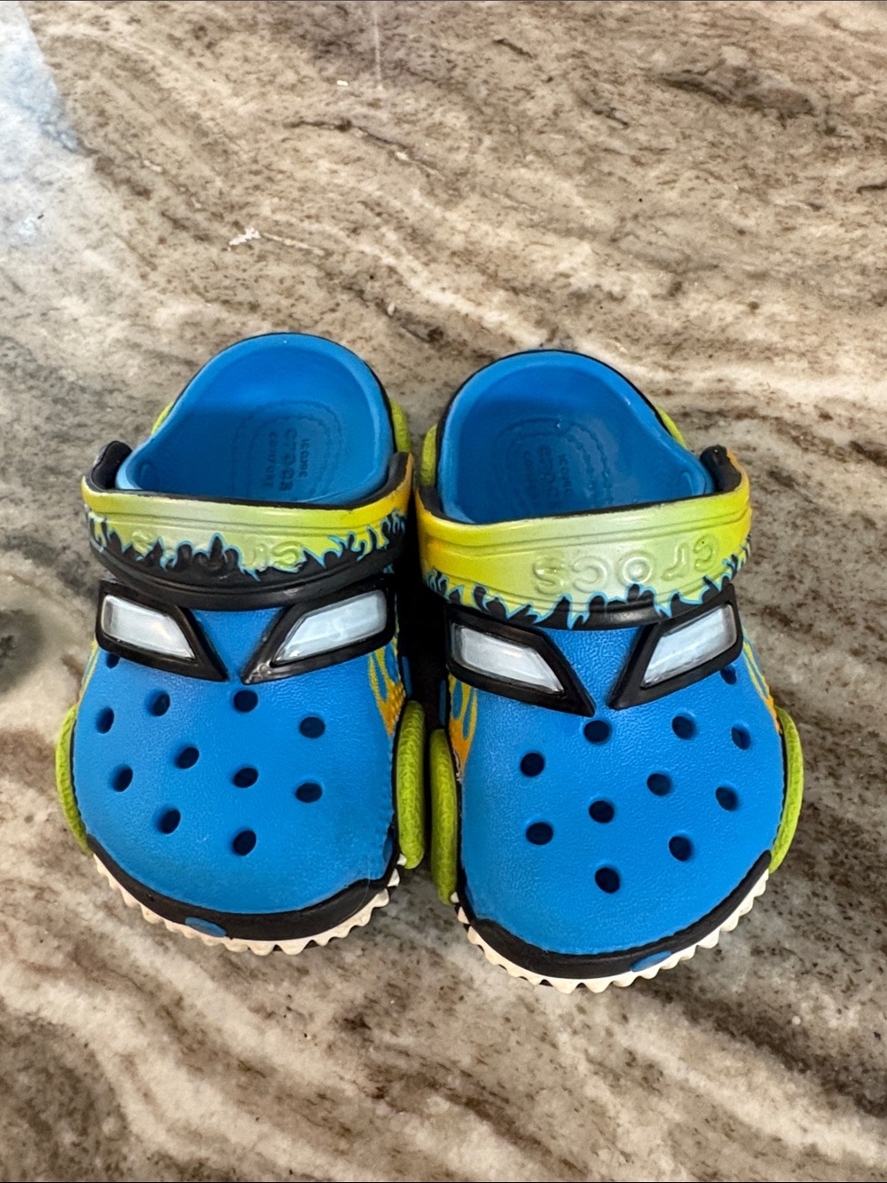 CROCS Kids size 6 Blue and Yellow Flame-Accent monster truck crocs
